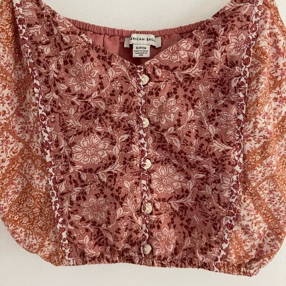 American Eagle Multi-Print Floral Linen Blend Cropped Cami Tank Top - Picture 6 of 9